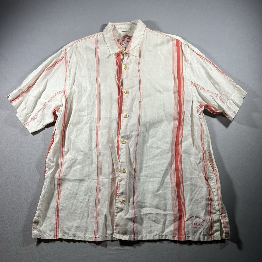 Mens Tommy Bahama Relax 100% Linen Shirt XL Red Stripe Short Sleeve Button Front